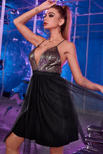 Load image into Gallery viewer, Sequined Plunge Spliced Mesh Backless Dress