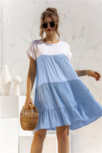 Load image into Gallery viewer, Color Block Round Neck Ruffle Hem Dress