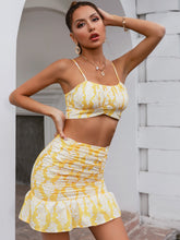 Load image into Gallery viewer, Printed Cropped Cami and Ruffle Hem Mini Skirt Set