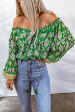 Load image into Gallery viewer, Printed Tassel Tie Balloon Sleeve Blouse
