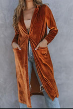 Load image into Gallery viewer, Collared Neck Longline Velvet Cardigan with Pockets