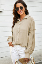 Load image into Gallery viewer, Button Front Bubble Sleeve Frill Trim Blouse