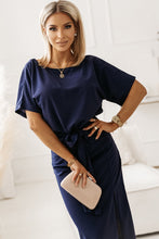 Load image into Gallery viewer, Belted Split Round Neck Dress