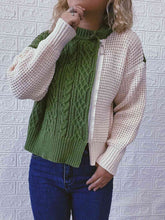 Load image into Gallery viewer, Cable-Knit Contrast Zip-Up Cardigan