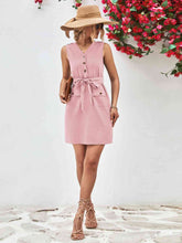 Load image into Gallery viewer, Buttoned V-Neck Belted Sleeveless Dress