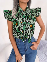 Load image into Gallery viewer, Leopard Tie Neck Cap Sleeve Blouse