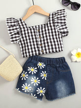 Load image into Gallery viewer, Girls Gingham Flutter Sleeve Top and Floral Denim Shorts Set