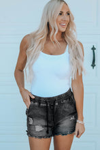 Load image into Gallery viewer, Elastic Waist Distressed Raw Hem Denim Shorts
