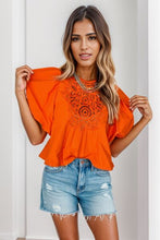 Load image into Gallery viewer, Openwork Round Neck Balloon Sleeve Blouse