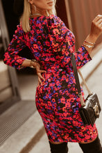 Load image into Gallery viewer, Floral Long Puff Sleeve Tulip Hem Dress