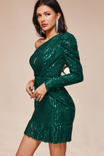 Load image into Gallery viewer, Sequin One-Shoulder Fringe Hem Dress