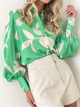 Load image into Gallery viewer, Printed Button Up Lantern Sleeve Shirt