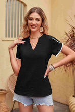 Load image into Gallery viewer, Contrast Trim Pom-Pom Detail Notched Neck Blouse