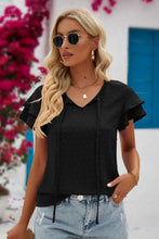 Load image into Gallery viewer, Swiss Dot Tie-Neck Flutter Sleeve Blouse