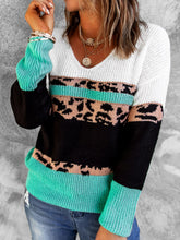 Load image into Gallery viewer, Leopard Color Block V-Neck Rib-Knit Sweater
