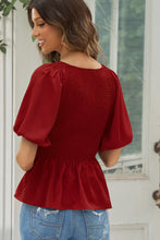 Load image into Gallery viewer, Smocked Balloon Sleeve Peplum Blouse