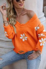 Load image into Gallery viewer, Flower Distressed Ribbed Trim Sweater
