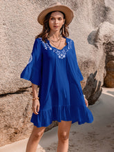 Load image into Gallery viewer, Printed Tie Neck Flounce Sleeve Mini Dress