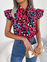 Load image into Gallery viewer, Leopard Tie Neck Cap Sleeve Blouse