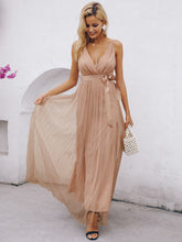 Load image into Gallery viewer, Belted Crisscross Back Plunge Tulle Dress