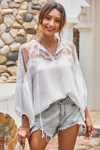 Load image into Gallery viewer, Embroidered Tie-Neck Puff Sleeve Blouse