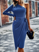 Load image into Gallery viewer, One-Shoulder Pleated Detail Belted Dress