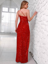 Load image into Gallery viewer, Sequin One-Shoulder Split Zipper Dress