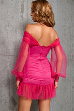 Load image into Gallery viewer, Beaded Off-Shoulder Mesh Sleeve Ruffle Hem Mini Dress