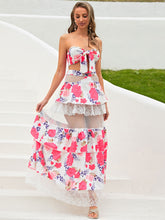 Load image into Gallery viewer, Floral Tie Front Cropped Top and Spliced Lace Skirt Set