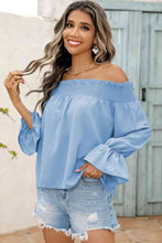Load image into Gallery viewer, Off-Shoulder Flare Sleeve Smocked Neck Blouse