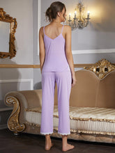 Load image into Gallery viewer, V-Neck Lace Trim Slit Cami and Pants Pajama Set