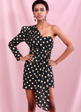 Load image into Gallery viewer, Polka Dot Tie Waist One-Shoulder Dress