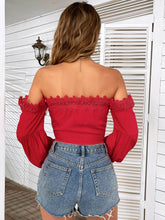 Load image into Gallery viewer, Spliced Lace Tie Front Balloon Sleeve Top
