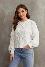 Load image into Gallery viewer, Fringe Trim Mixed Knit Balloon Sleeve Sweater