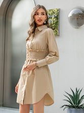 Load image into Gallery viewer, Button Front Frill Trim Smocked Waist Shirt Dress