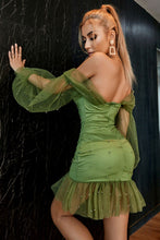 Load image into Gallery viewer, Beaded Off-Shoulder Mesh Sleeve Ruffle Hem Mini Dress