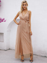 Load image into Gallery viewer, Belted Crisscross Back Plunge Tulle Dress