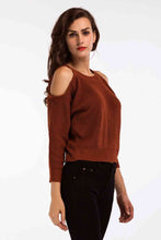 Load image into Gallery viewer, Double Take Round Neck Cold-Shoulder Ribbed Sweater