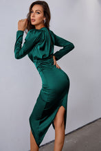 Load image into Gallery viewer, Ruched Tulip Hem Puff Sleeve Plunge Satin Dress