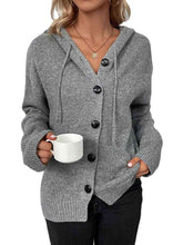 Load image into Gallery viewer, Button Up Drawstring Long Sleeve Hooded Cardigan