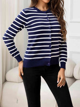 Load image into Gallery viewer, Striped Round Neck Long Sleeve Buttoned Knit Top
