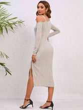 Load image into Gallery viewer, Asymmetrical Neck Drawstring Slit Dress