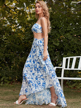 Load image into Gallery viewer, Floral Lace-Up Bralette and Belted Layered Skirt Set