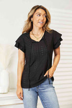 Load image into Gallery viewer, Double Take Eyelet Tie-Neck Flutter Sleeve Blouse