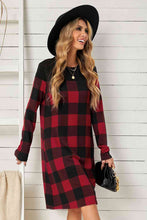 Load image into Gallery viewer, Plaid Round Neck Long Sleeve Mini Dress