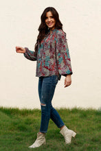 Load image into Gallery viewer, Tie Neck Heathered Balloon Sleeve Blouse