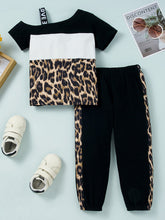 Load image into Gallery viewer, Girls Color Block Printed Cold-Shoulder Tee and Joggers Set