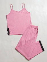 Load image into Gallery viewer, V-Neck Lace Trim Slit Cami and Pants Pajama Set