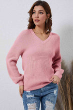 Load image into Gallery viewer, V-Neck Ribbed Dropped Shoulder Sweater