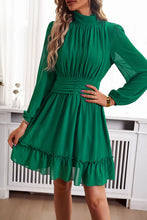 Load image into Gallery viewer, Frill Ruched Mock Neck Balloon Sleeve Dress